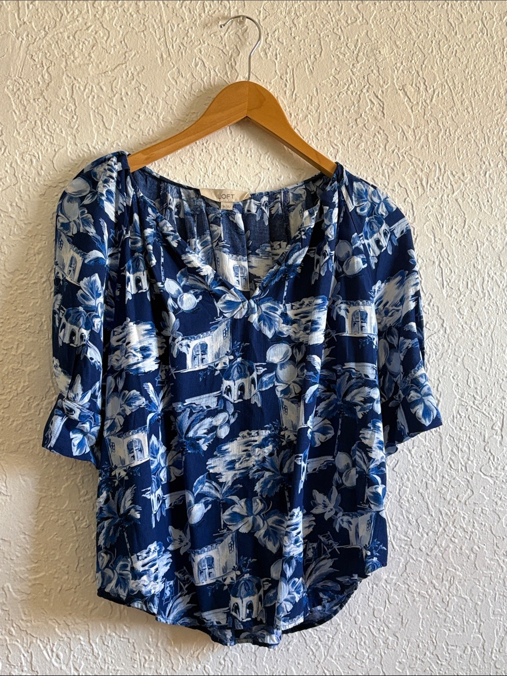 LOFT Navy and White Floral-Print V-Neck Blouse
